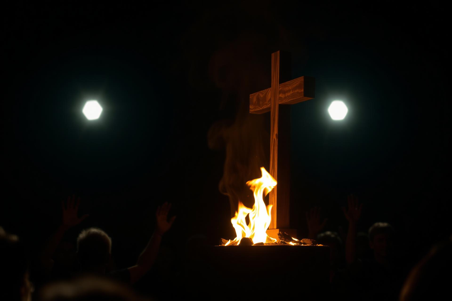 Cruz de madeira em chamas, símbolo de adoração